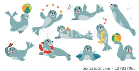 Cartoon polar baby seal. Funny seals play with ball, eat ice cream, hug fish. Underwater arctic animal, cute mammals. Children mascots, classy vector set 127927063