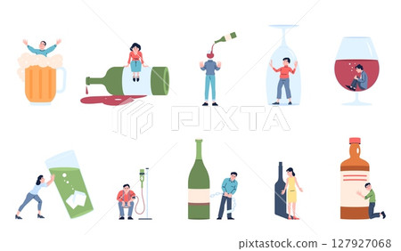 Alcohol addiction. Alcoholic characters with beverage bottles and glasses. Men women abuse wine whiskey cognac, unhealthy lifestyle recent vector scenes 127927068