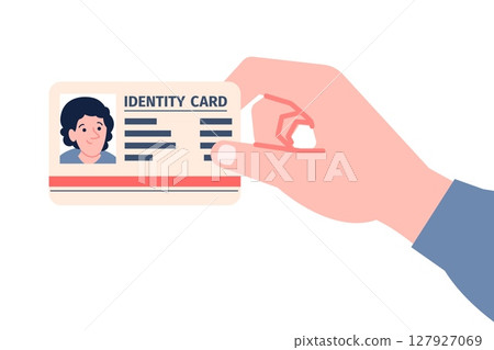 Hand show id card. Person hold personal document for pass border control, office or work entry, identification. Passport, documents, recent vector element Hand show id card. Person hold personal document for pass border control, office or work entry, identification. Passport, documents, recent vector element 127927069