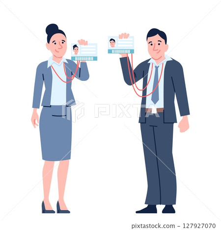 People show work id badges. Man and woman hold personal cards with photos. Office entry pass, managers personality verify docs, recent vector characters People show work id badges. Man and woman hold personal cards with photos. Office entry pass, managers personality verify docs, recent vector characters 127927070