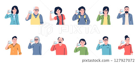 People with id card. Teens men women different ages show identity cards with photos. Personal data, person verify or passport control, recent vector set 127927072