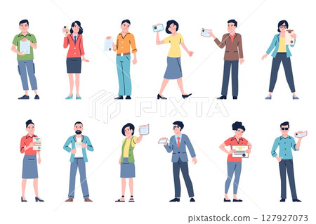 People show paper documents. Adults hold passport, identity card, educational or courses certificate. Different personal id, recent vector characters 127927073