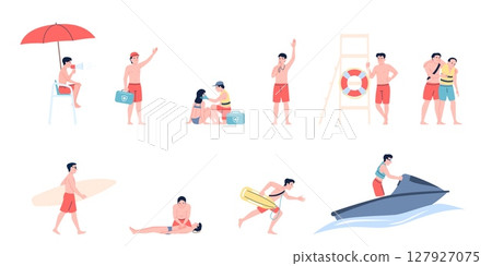 Beach lifeguard. Rescuers patrolling beachside, emergency in water. First aid for drowning people, swimmers safety and vacationers, recent vector set Beach lifeguard. Rescuers patrolling beachside, emergency in water. First aid for drowning people, swimmers safety and vacationers, recent vector set 127927075