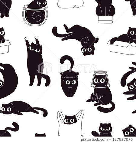 Black cats seamless pattern. Funny kittens different poses. Cute cartoon cat in bag, decorative print for fabric, wrapping, wallpaper, vector background 127927076