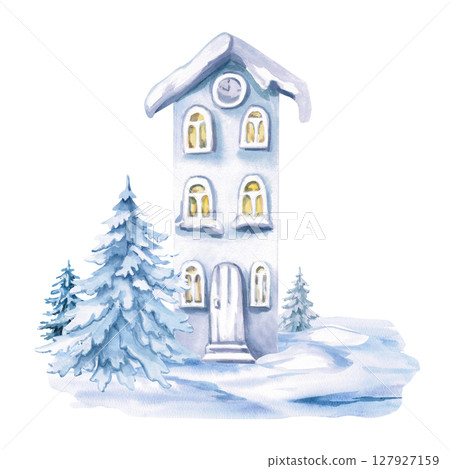Cozy house under snow with Christmas trees. Isolated watercolor illustration for invitations, tickets, photo frames, posters, calendars, printing on textiles and clothes. Cozy house under snow with Christmas trees. Isolated watercolor illustration for invitations, tickets, photo frames, posters, calendars, printing on textiles and clothes. 127927159