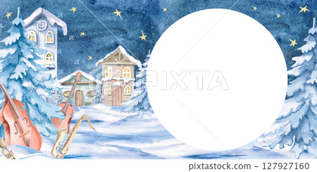 Rectangular frame with Christmas tree and musical instruments on the background of winter village. Isolated watercolor illustration for invitations, tickets, photo frames, posters, calendars. 127927160