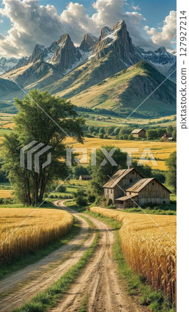 Scenic rural landscape with dirt road winding through golden wheat fields, leading to rustic wooden barns. Towering mountains with jagged peaks and lush greenery dominate background partly cloudy 127927214