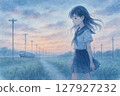Girl and train at dusk 127927232