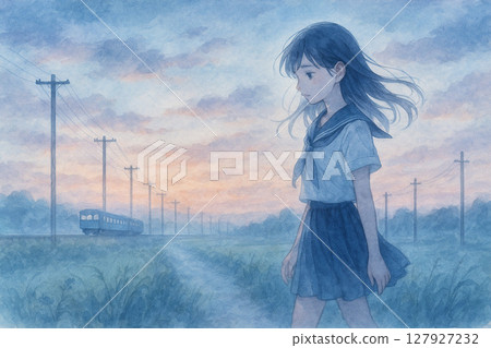 Girl and train at dusk 127927232