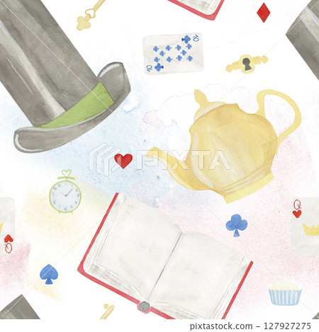 Watercolor seamless pattern top hot, key, clock, teapot, book, playing cards, keyhole isolated on white background. wonderland. For childish fabric, wallpaper, birthday cards, invitations scrapbook Watercolor seamless pattern top hot, key, clock, teapot, book, playing cards, keyhole isolated on white background. wonderland. For childish fabric, wallpaper, birthday cards, invitations scrapbook 127927275