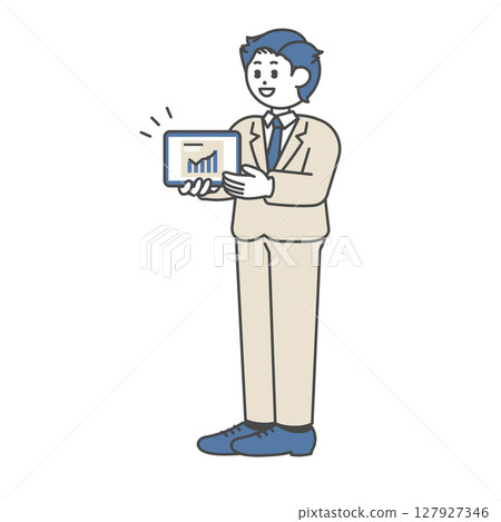 A man in a suit explaining something using a tablet A man in a suit explaining something using a tablet 127927346