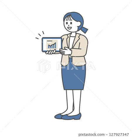 一位身穿西裝的女士正在用平板電腦解釋某件事 127927347
