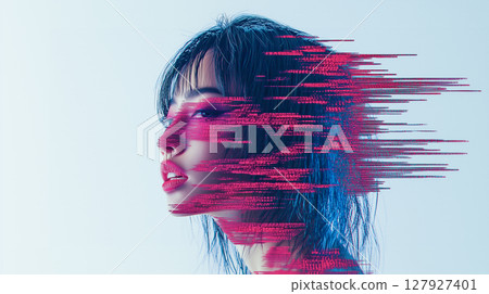 Profile of a woman surrounded by glitch effects 127927401