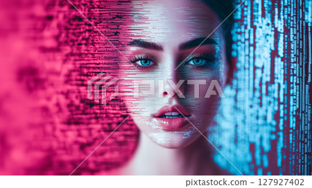 正面女性臉部被故障效果包圍 127927402