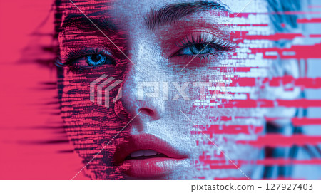 正面女性臉部被故障效果包圍 127927403