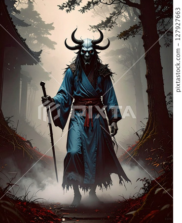 A worn-out demon walking through the mountains - AI-generated image 127927663