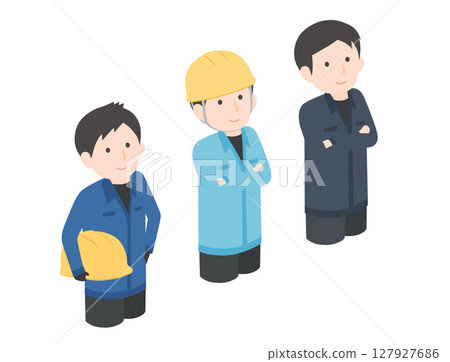 三位年輕男工人抬頭的插圖 三位年輕男工人抬頭的插圖 127927686