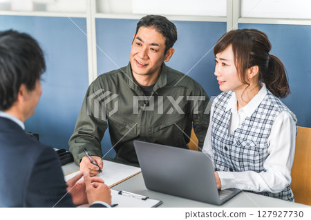 Male and female businessmen having a meeting, a conference, a meeting 127927730