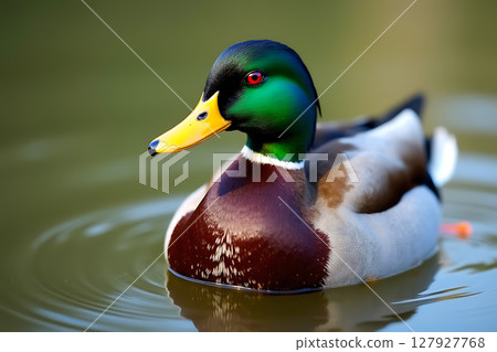 Beautiful mallard duck floating on a pond 127927768