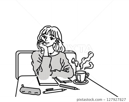 一位年輕女子坐在咖啡館的桌旁,用手托著下巴 一位年輕女子坐在咖啡館的桌旁,用手托著下巴 127927827