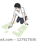 Illustration material of a man wearing a short-sleeved shirt taking a card in competitive karuta 127927836