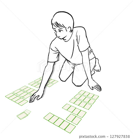 Illustration material of a man wearing a short-sleeved shirt taking a card in competitive karuta 127927838