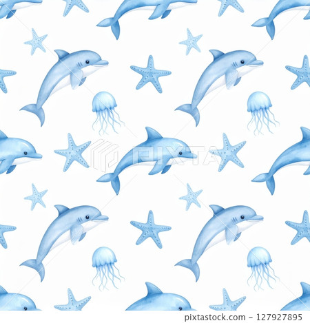 A seamless marine life pattern features cartoon dolphins, sharks, and fish swimming in blue ocean water 127927895