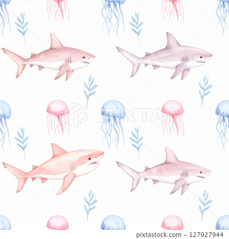 Seamless pattern with marine life featuring cartoon sharks, fish, and dolphins in a vibrant blue underwater illustration 127927944