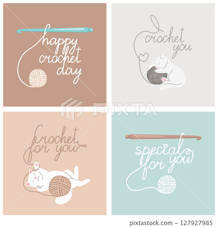 Set of greeting cards for needlewoman with kitty, crochet hook and ball of yarn. Concept crocheting vector illustration Set of greeting cards for needlewoman with kitty, crochet hook and ball of yarn. Concept crocheting vector illustration 127927985