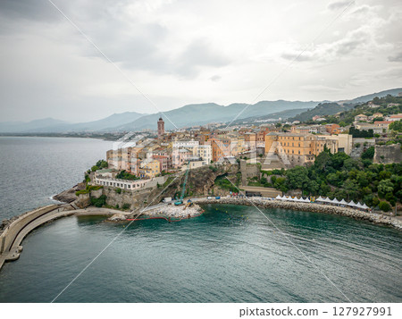 Aerial view of the Citadel of Bastia in the north of Corsica island - Genoese city overlooking the Mediterranean Sea 127927991