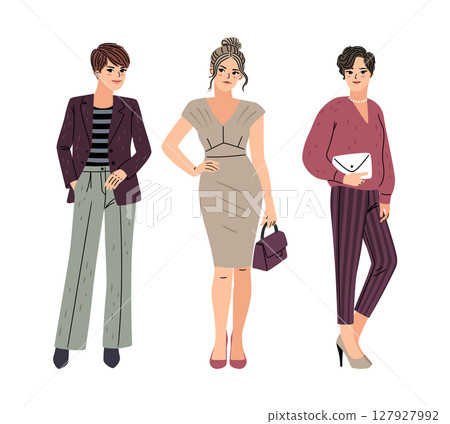 Pretty young women in different fashion looks of clothes vector illustration isolated on white background 127927992