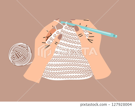 Hands of needlewoman hold the hook and yarn. Creative hobby, crochet knitting process vector illustration. Top view of the workplace Hands of needlewoman hold the hook and yarn. Creative hobby, crochet knitting process vector illustration. Top view of the workplace 127928004