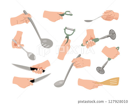 Female hands holding kitchen utensils vector collection. Slotted spatula, spoon, knife, ladle, vegetable peeler isolated on white background 127928010