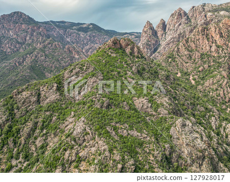 Corse, France Corsica marine french island Mediterranean Sea with hights mountains peak famous GR20 path 127928017