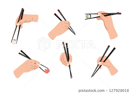 Collection of hands with asian wooden chopsticks vector illustration 127928018