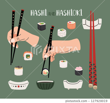 Collection of asian wooden chopsticks Hashi with hands and Hashioki, soy souce, sushi and rolls vector illustration 127928019