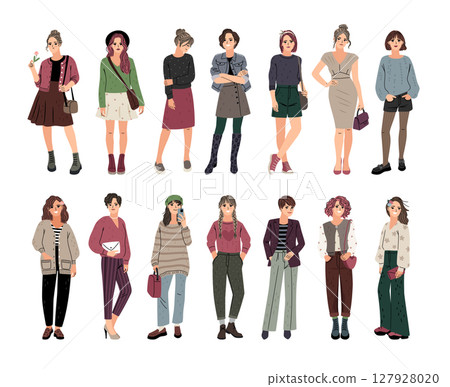 Big collection of different fashion looks of clothes for young women 127928020