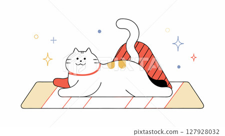 A fat cat stretching with a happy face. Flat style. Vector illustration 127928032