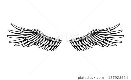 Wings sketch. Stylized birds wings. Hand drawn contoured stiker wing in open position. Vector design elements in coloring style 127928234