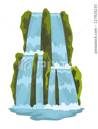Cartoon river cascade waterfall. Landscape with mountains and trees. Design element for travel brochure or illustration mobile game. Fresh natural water 127928235