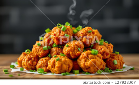 Savory fried chicken bites topped with green onions, steaming and delicious 127928307