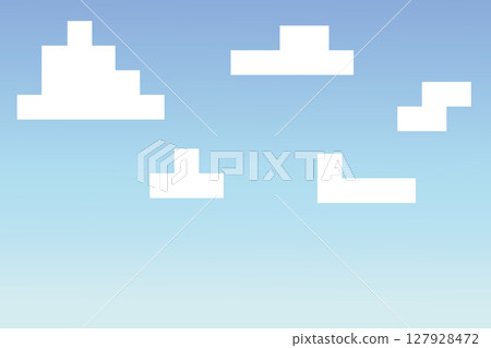 Game concept pixelated horizontal background with blue sky and white clouds. Abstract pixel background. 127928472
