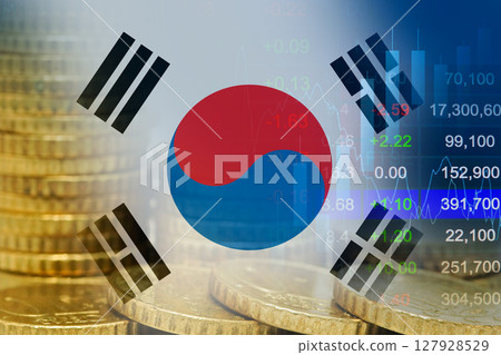 South Korea flag Stock market finance business, economy trend graph digital technology. 127928529
