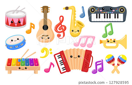Colorful kawaii kids musical instruments clipart 127928595