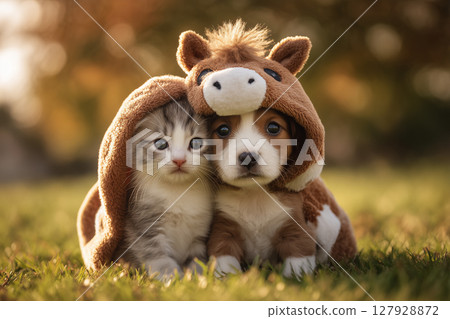 A pair of kittens and puppies dressed in horse costumes 127928872