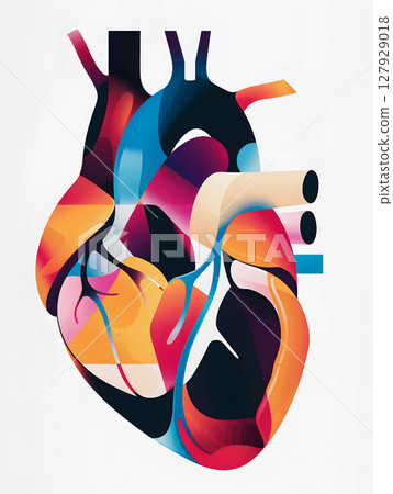 vibrant and abstract illustration of human heart, featuring bold, overlapping shapes in shades of red, orange, blue, and pink. design combines artistic creativity with anatomical accuracy. 127929018