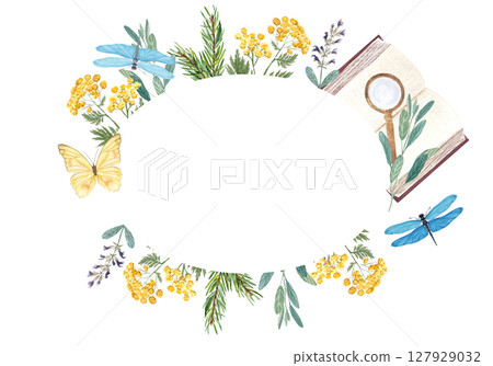 Blue tansy, lavender, rosemary, dragonfly, butterfly, open book, magnifying glass watercolor botanical oval wreath. Perfect for eco-friendly designs, invitations, packaging, posters, natural science Blue tansy, lavender, rosemary, dragonfly, butterfly, open book, magnifying glass watercolor botanical oval wreath. Perfect for eco-friendly designs, invitations, packaging, posters, natural science 127929032