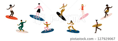 Man and Woman Surfer in Swimwear on Surfboard Vector Set 127929067