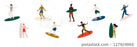 Man and Woman Surfer in Swimwear on Surfboard Vector Set 127929068