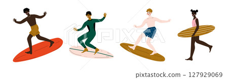 Man and Woman Surfer in Swimwear on Surfboard Vector Set 127929069